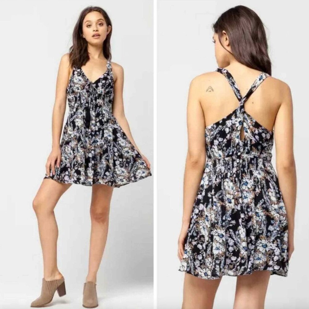 EUC Free People Washed Ashore Tassel Tie Black Floral Mini Dress Women's XS